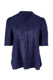 Product shot of the Essentials Broderie Cotton Top - Navy in colour Navy, from the front