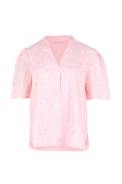 Product shot of the Essentials Broderie Cotton Top - Pink in colour Pink, from the front