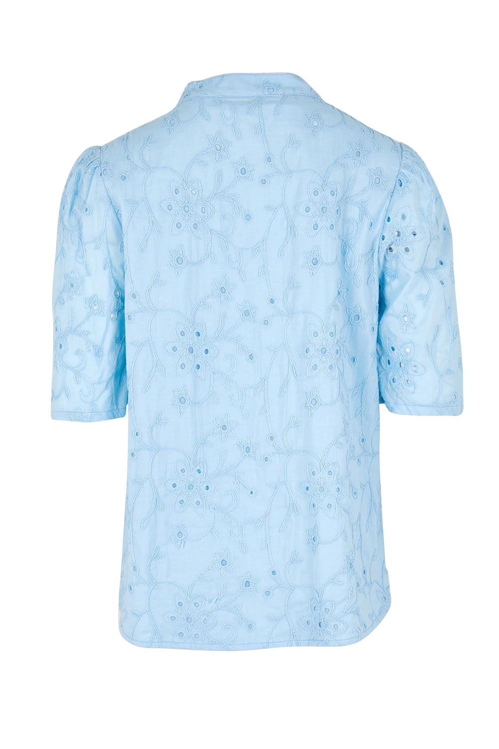 Product shot of the Essentials Broderie Cotton Top - Sky in colour Sky, from the back