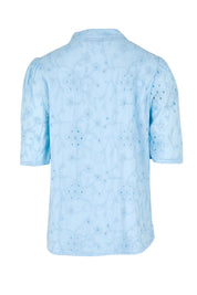 Product shot of the Essentials Broderie Cotton Top - Sky in colour Sky, from the back