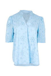 Product shot of the Essentials Broderie Cotton Top - Sky in colour Sky, from the front