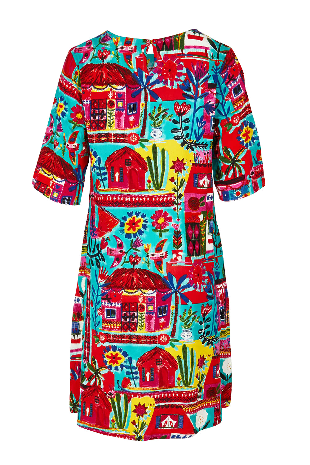 Product shot of the Contemporary Elbow Sleeve Dress in colour Folkhuts (Blue), from the back