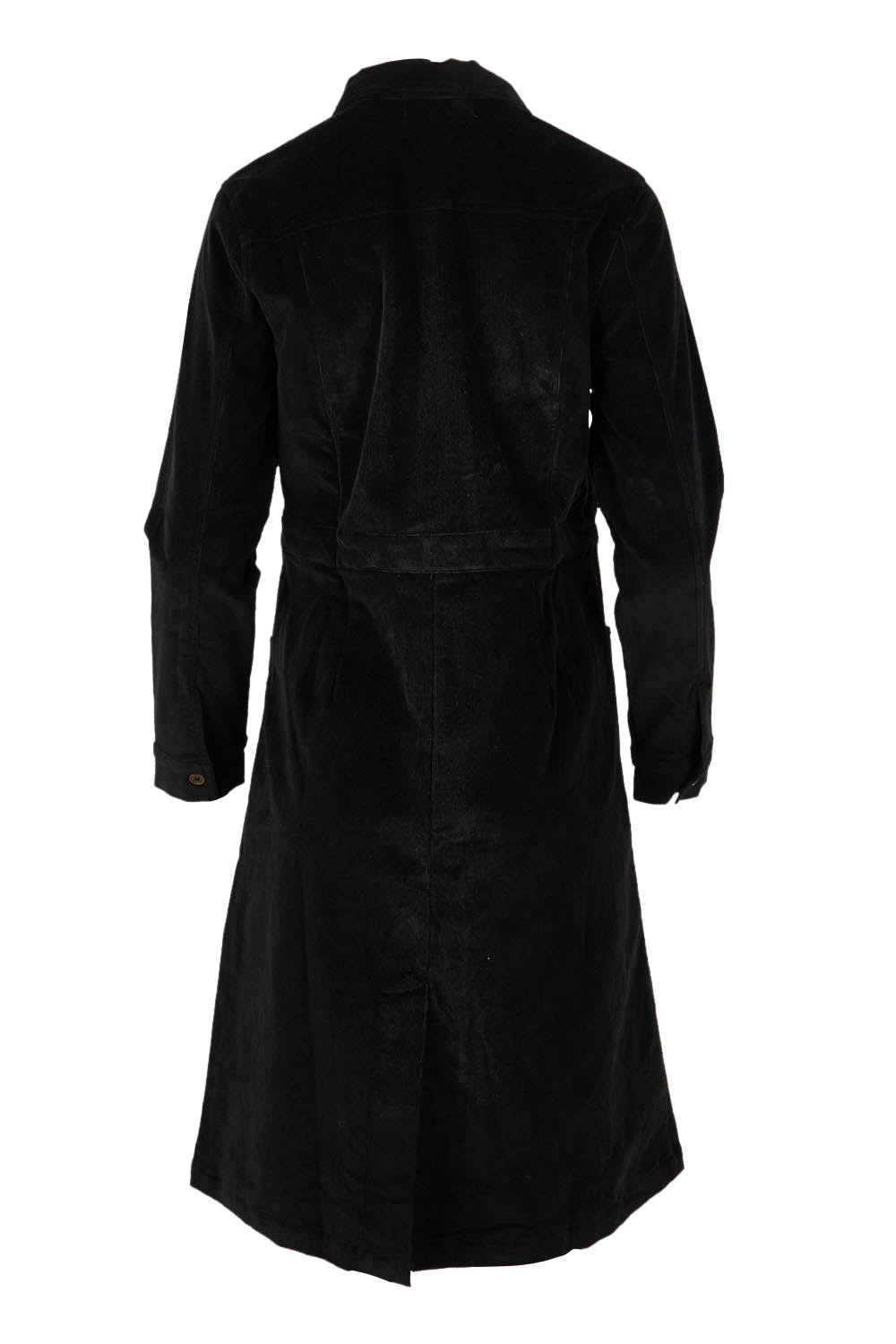 Product shot of the Cotton Corduroy Button Dress in colour Black (Black), from the back
