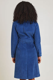 Model Ziara wearing size 10 of the Cotton Corduroy Button Dress in colour Blue (Blue), from the back