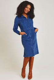 Model Ziara wearing size 10 of the Cotton Corduroy Button Dress in colour Blue (Blue), from the front, showing the whole outfit