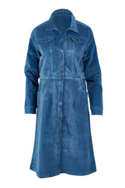 Product shot of the Cotton Corduroy Button Dress in colour Blue (Blue), from the front