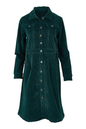 Product shot of the Cotton Corduroy Button Dress in colour Pine (Green), from the front