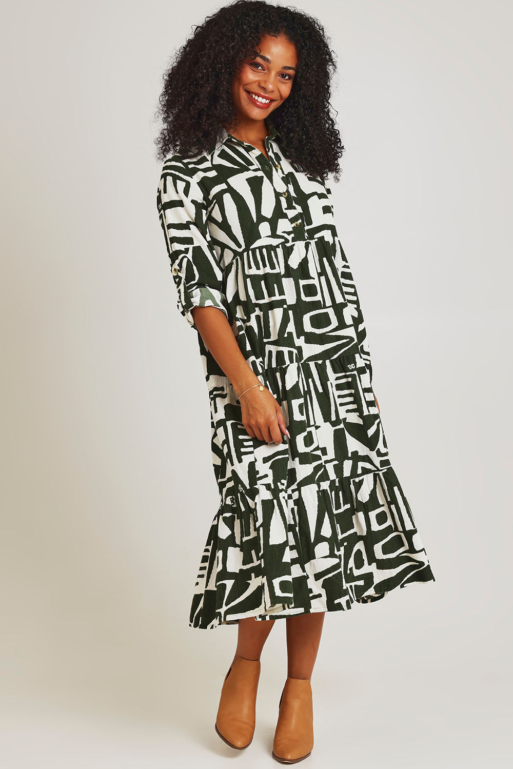 Model Ziara wearing size 10 of the Corduroy Cotton Collar Dress in colour Olive (Green), from the front, showing the whole outfit