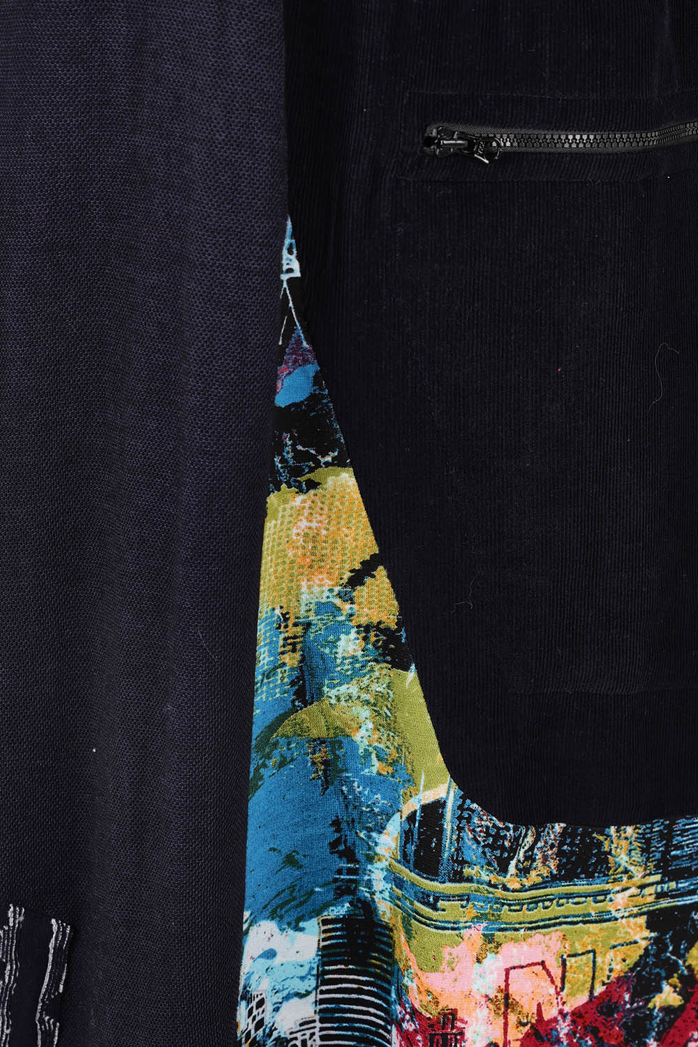 Product shot of the New York Patch Cowl Cotton Dress in colour Newyork (Black), detail