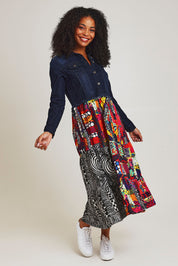 Model Ziara wearing size 10 of the Denim Mix Dress in colour Runaway, from the front, showing the whole outfit
