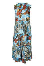 Product shot of the Cotton Sleeveless Layers Dress in colour Lima (Blue), from the back