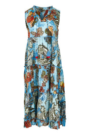 Product shot of the Cotton Sleeveless Layers Dress in colour Lima (Blue), from the front