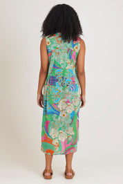 Model Ziara wearing size 10 of the Sleeveless V Cotton Dress in colour Santacruz, from the back
