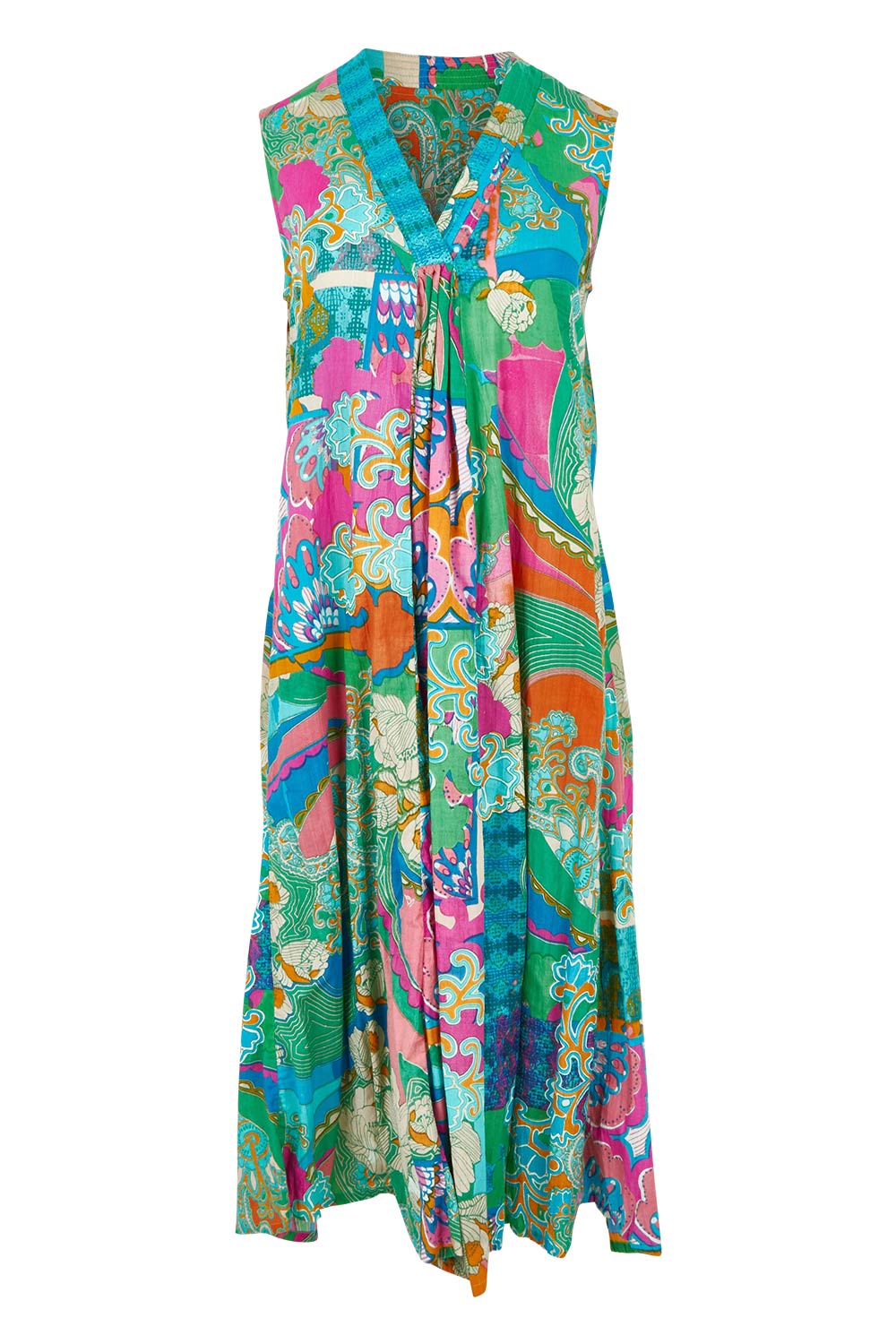 Product shot of the Sleeveless V Cotton Dress in colour Santacruz, from the front