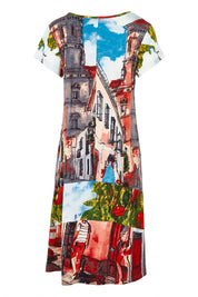 Product shot of the Printed Cotton Crew Flair Shift Dress in colour Towerpeach, from the back