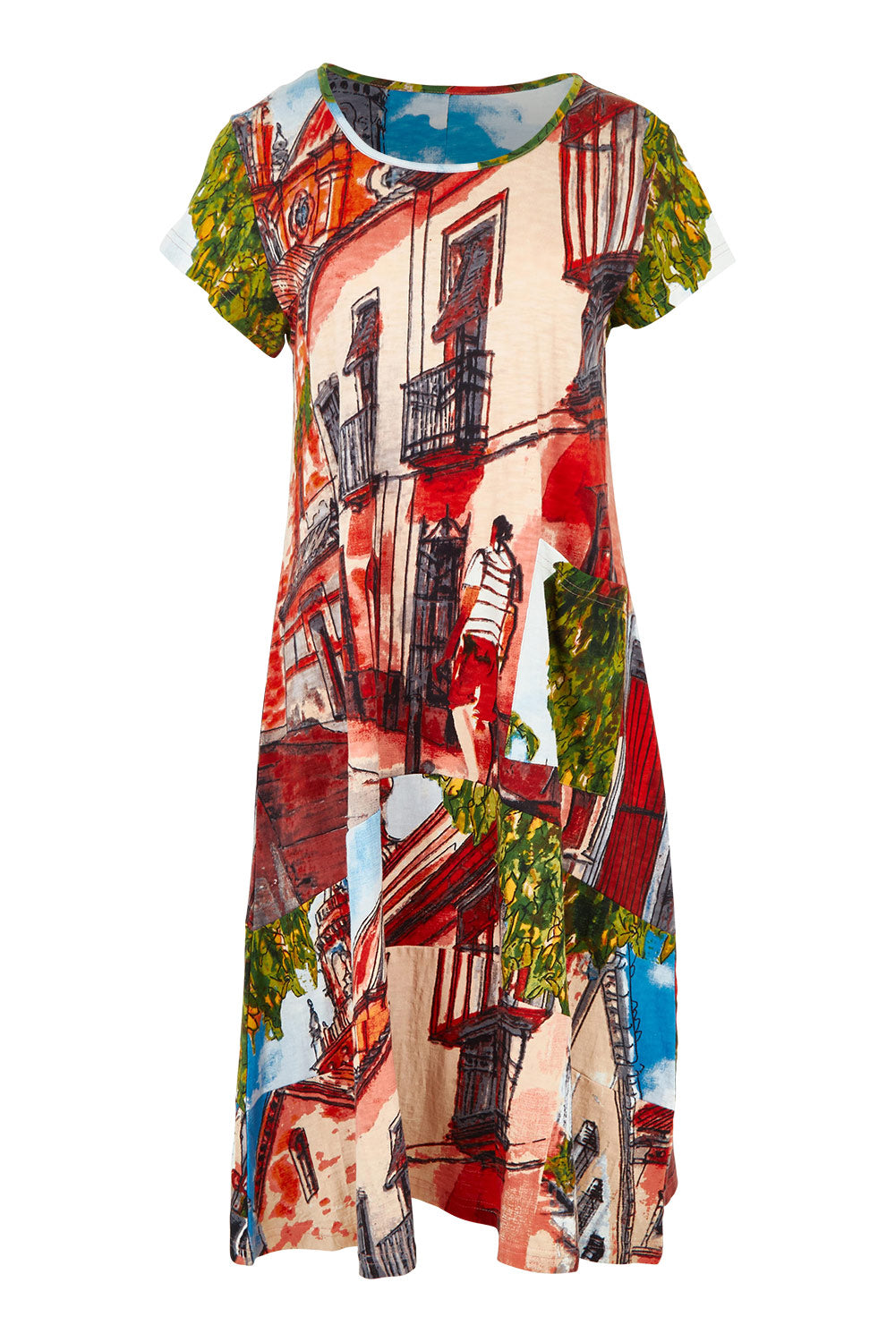 Product shot of the Printed Cotton Crew Flair Shift Dress in colour Towerpeach, from the front