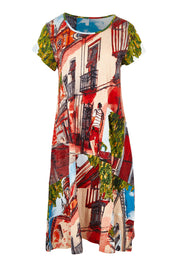 Product shot of the Printed Cotton Crew Flair Shift Dress in colour Towerpeach, from the front