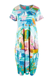 Product shot of the Printed Bubble Organic Cotton Dress in colour Dreamland (Blue), from the front