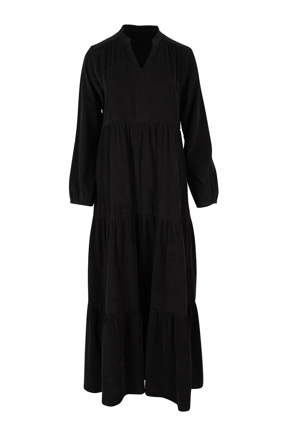 Product shot of the Essentials Cord Layered Maxi Dress in colour Black (Black), from the front