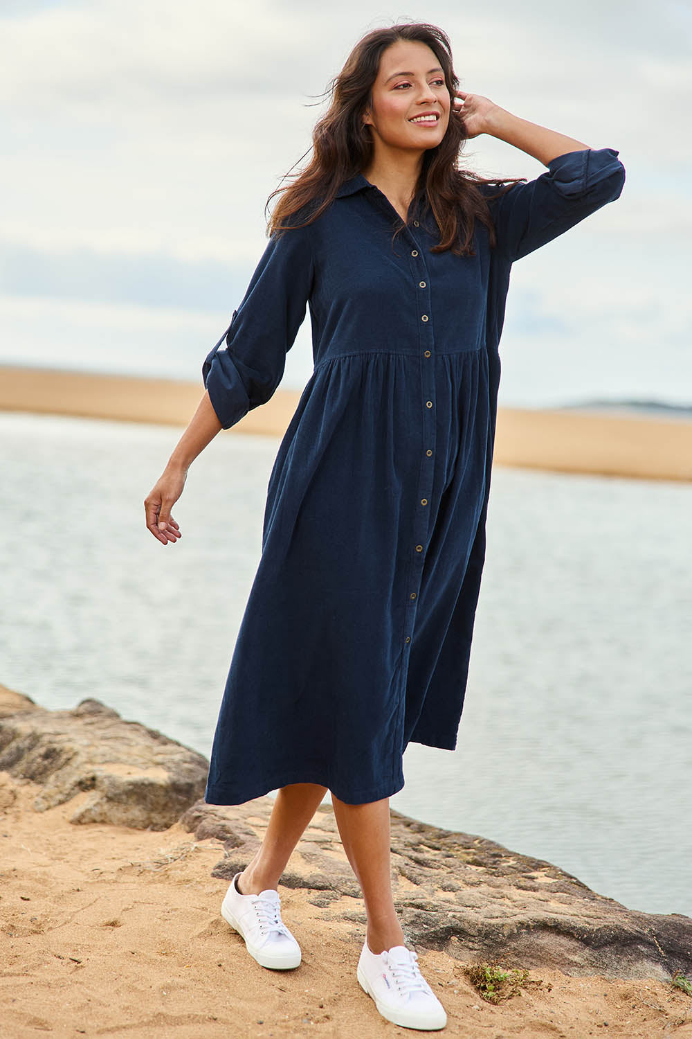 Cord Collar Buttons Dress – Navy – birdsnest