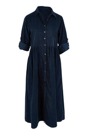 Cord Collar Buttons Dress – Navy
