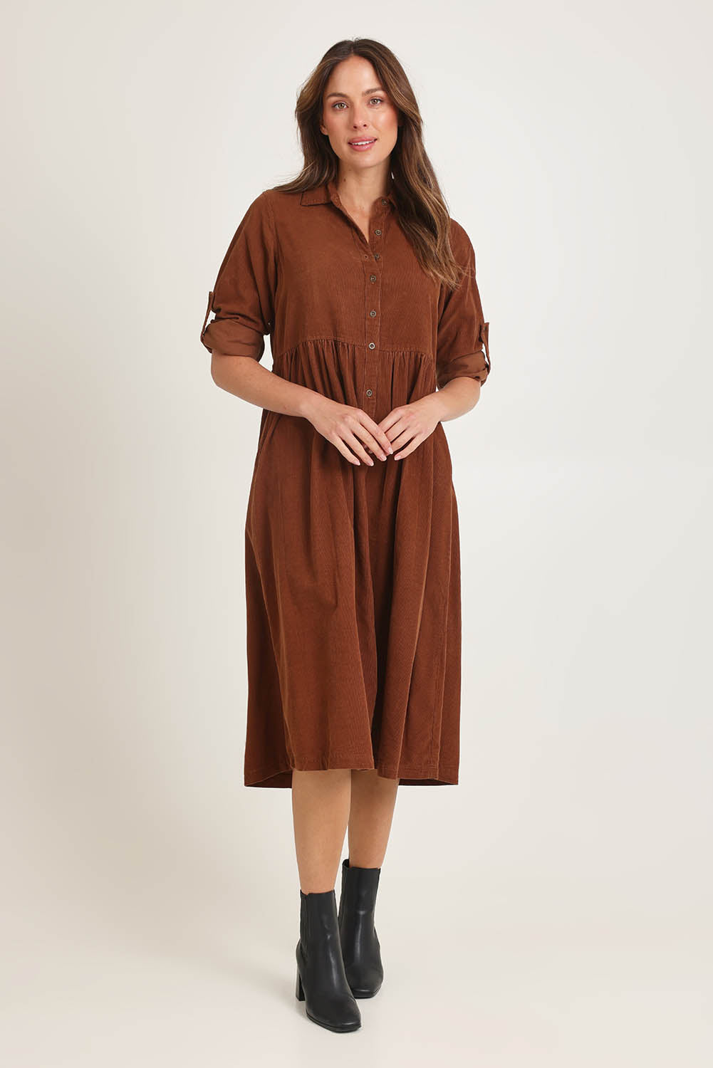 Cord Collar Buttons Dress – Tan