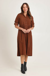 Cord Collar Buttons Dress – Tan