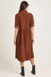Cord Collar Buttons Dress – Tan