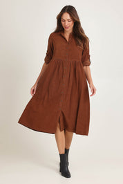 Cord Collar Buttons Dress – Tan