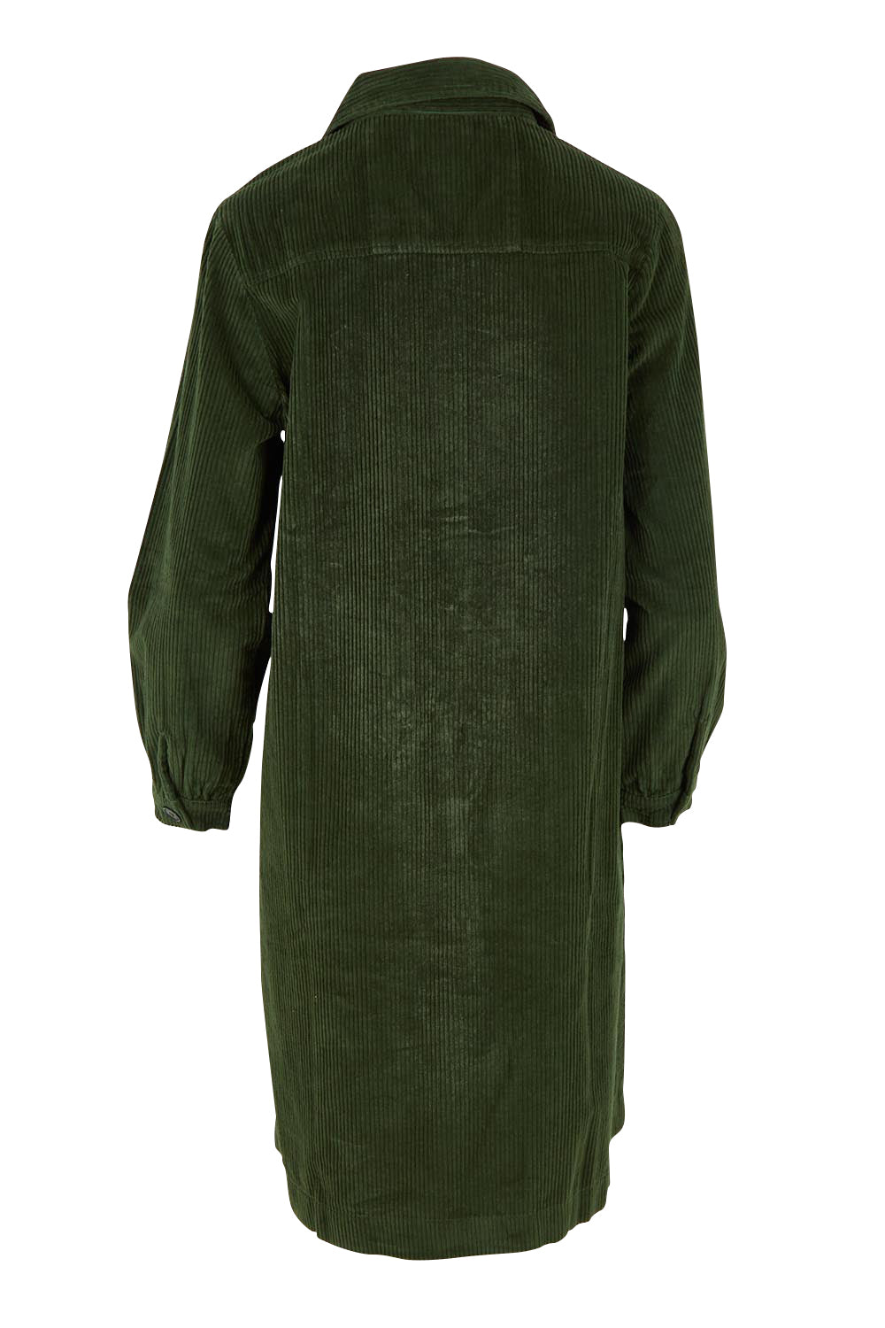 Product shot of the Cord Solids Pockets Dress in colour Military (Green), from the back