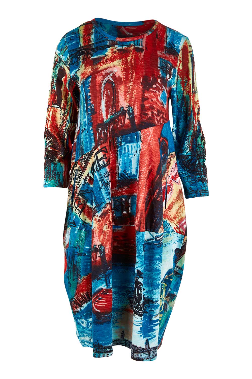 Product shot of the Cotton Bubble Dress in colour Venicemult (Blue), from the front