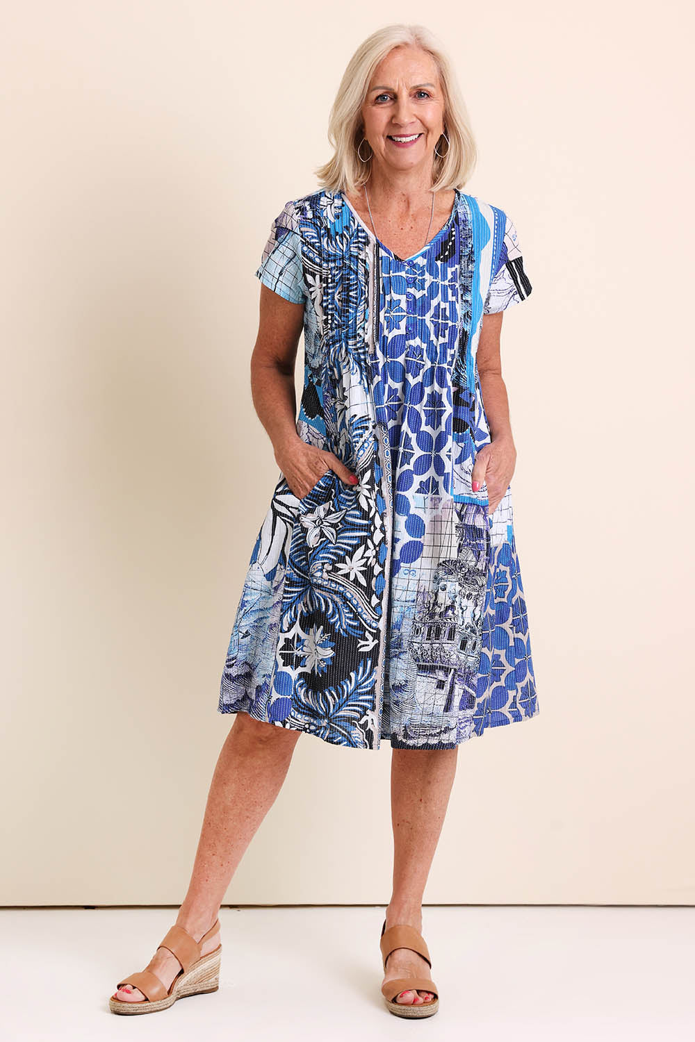 Model Sandys wearing size 10 of the Easy Fit Cotton Dress – Print in colour Print, from the front