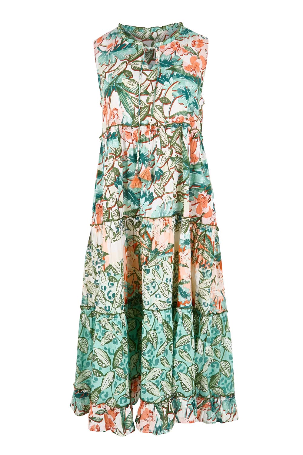Product shot of the Sleeveless Layers Dress – Print in colour Print, from the front