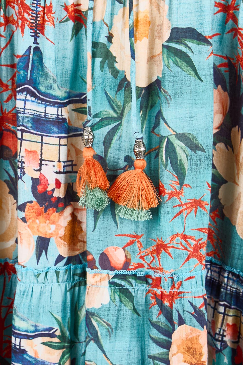 Product shot of the Sleeveless Layers Dress – Print in colour Print, showing detail