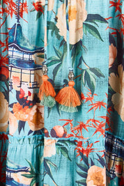 Product shot of the Sleeveless Layers Dress – Print in colour Print, showing detail