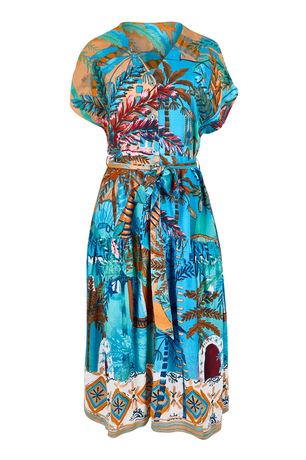 Product shot of the V-Neck Button Through Dress – Print in colour Print, from the front