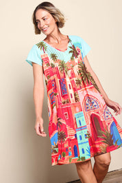 Model Riinar wearing size 10 of the Easy Fit Dress – Rabat in colour Rabat, in a cropped view