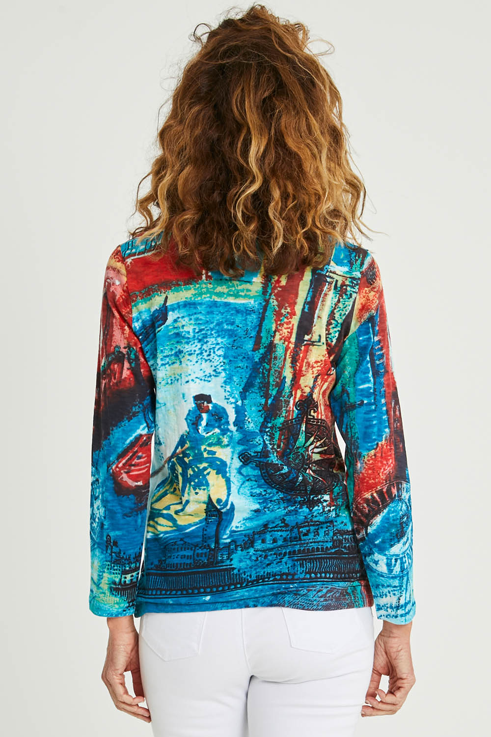 Model Emma wearing size 10 of the Organic Cotton Crew LS Tee in colour Venicemult (Blue), from the back