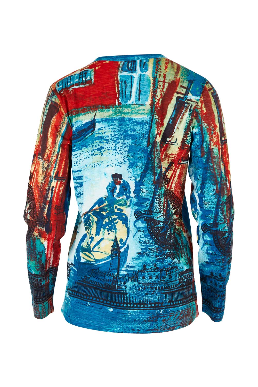 Product shot of the Organic Cotton Crew LS Tee in colour Venicemult (Blue), from the back