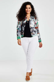 Model Bernadette wearing size 10 of the Tuscany Cotton Biker Jacket in colour Print (Blue), from the front, showing the whole outfit