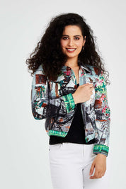 A model wearing size 10 of the Tuscany Cotton Biker Jacket in colour Print (Blue), from the front, cropped image