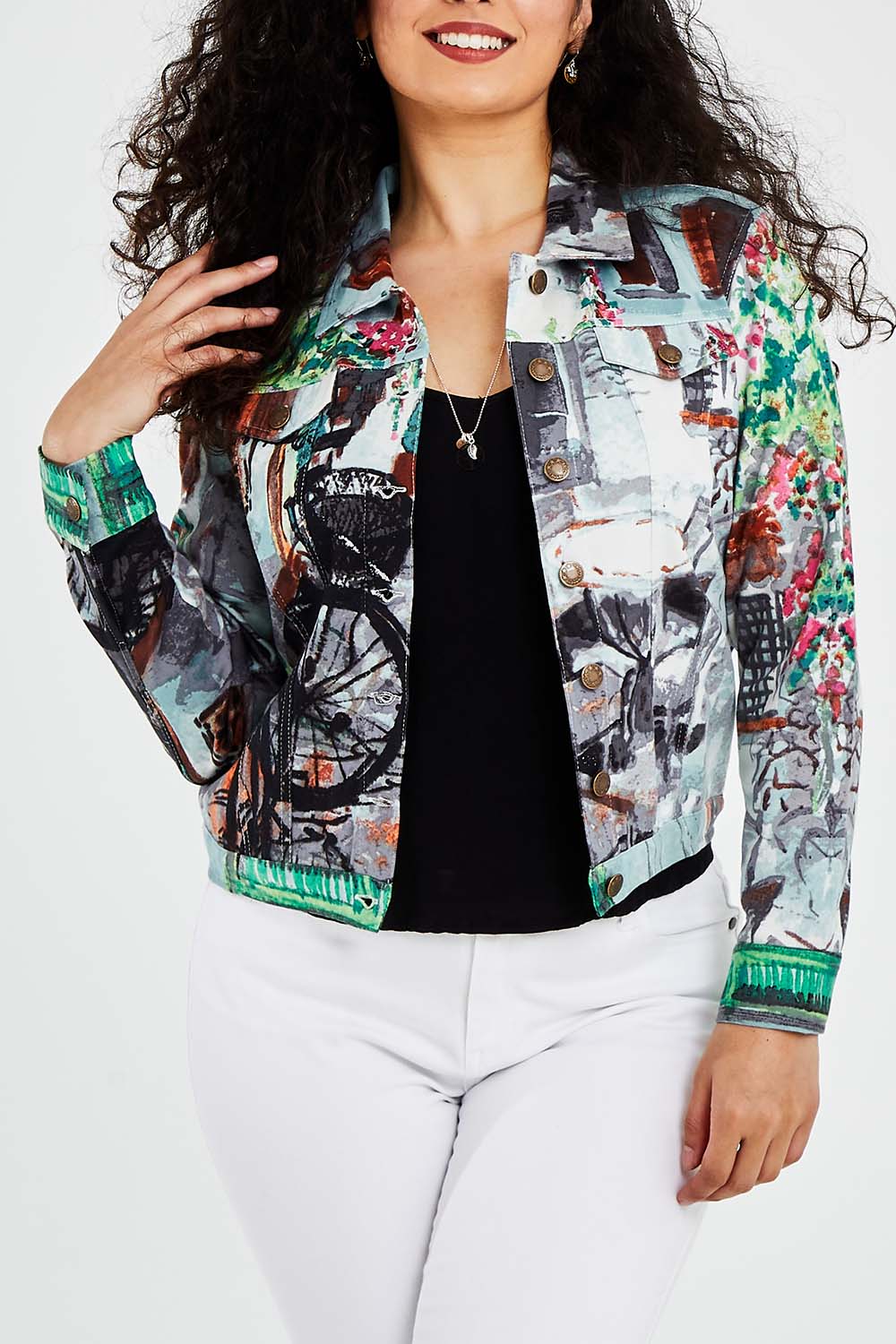 A model wearing size 10 of the Tuscany Cotton Biker Jacket in colour Print (Blue), from the front, cropped image