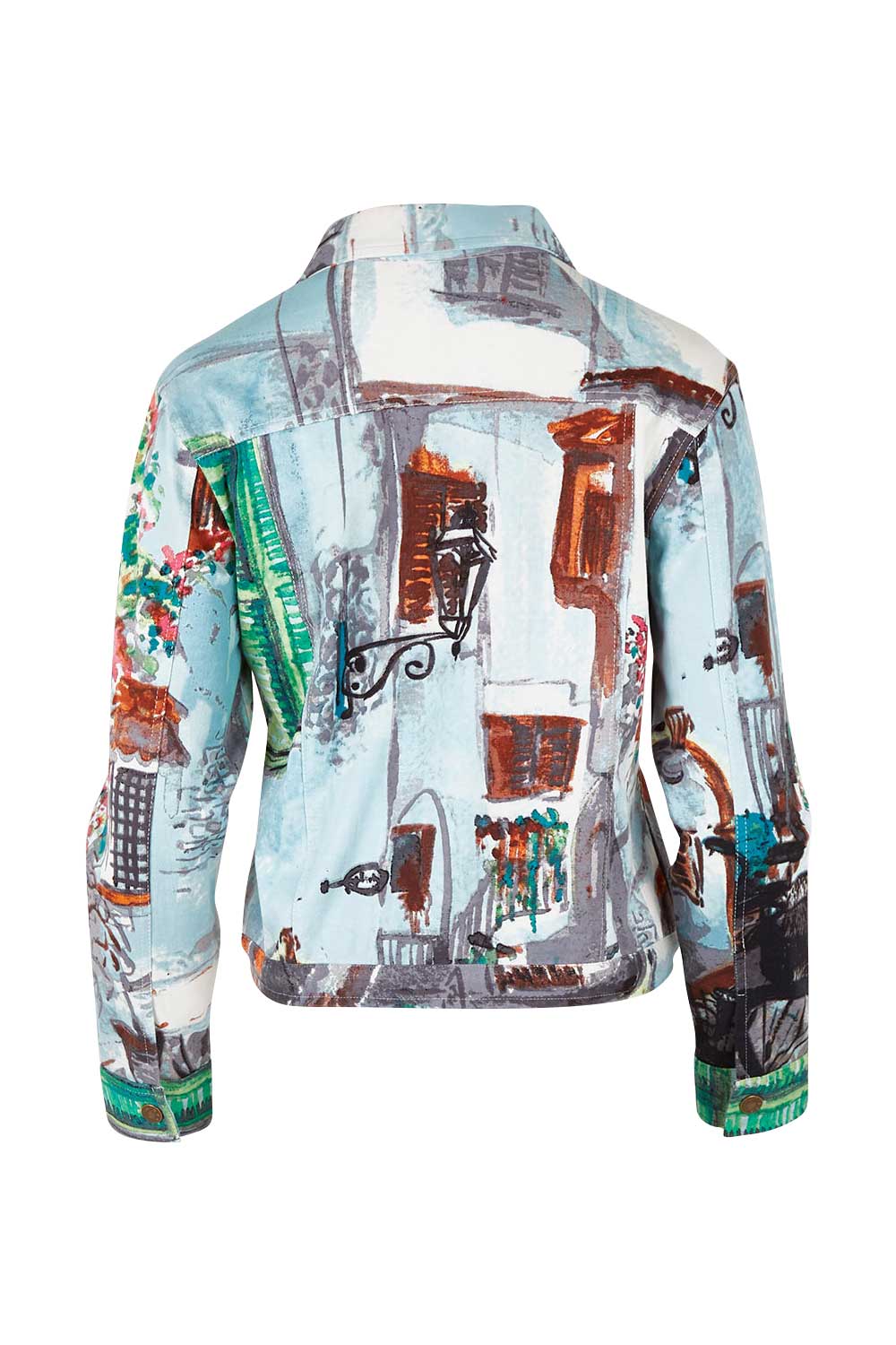 Product shot of the Tuscany Cotton Biker Jacket in colour Print (Blue), from the back