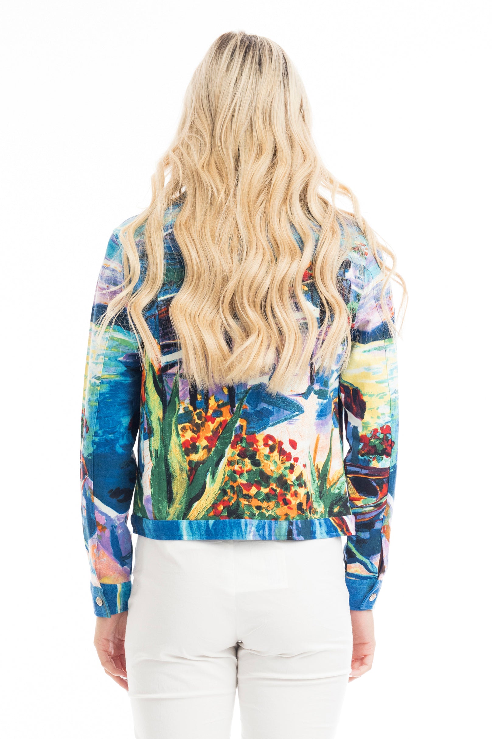 A model wearing the Santorini Ponte Jacket in colour Santorini (Blue), from the back