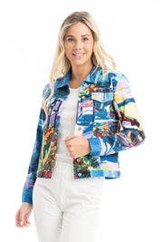 A model wearing the Santorini Ponte Jacket in colour Santorini (Blue), from the front, cropped image