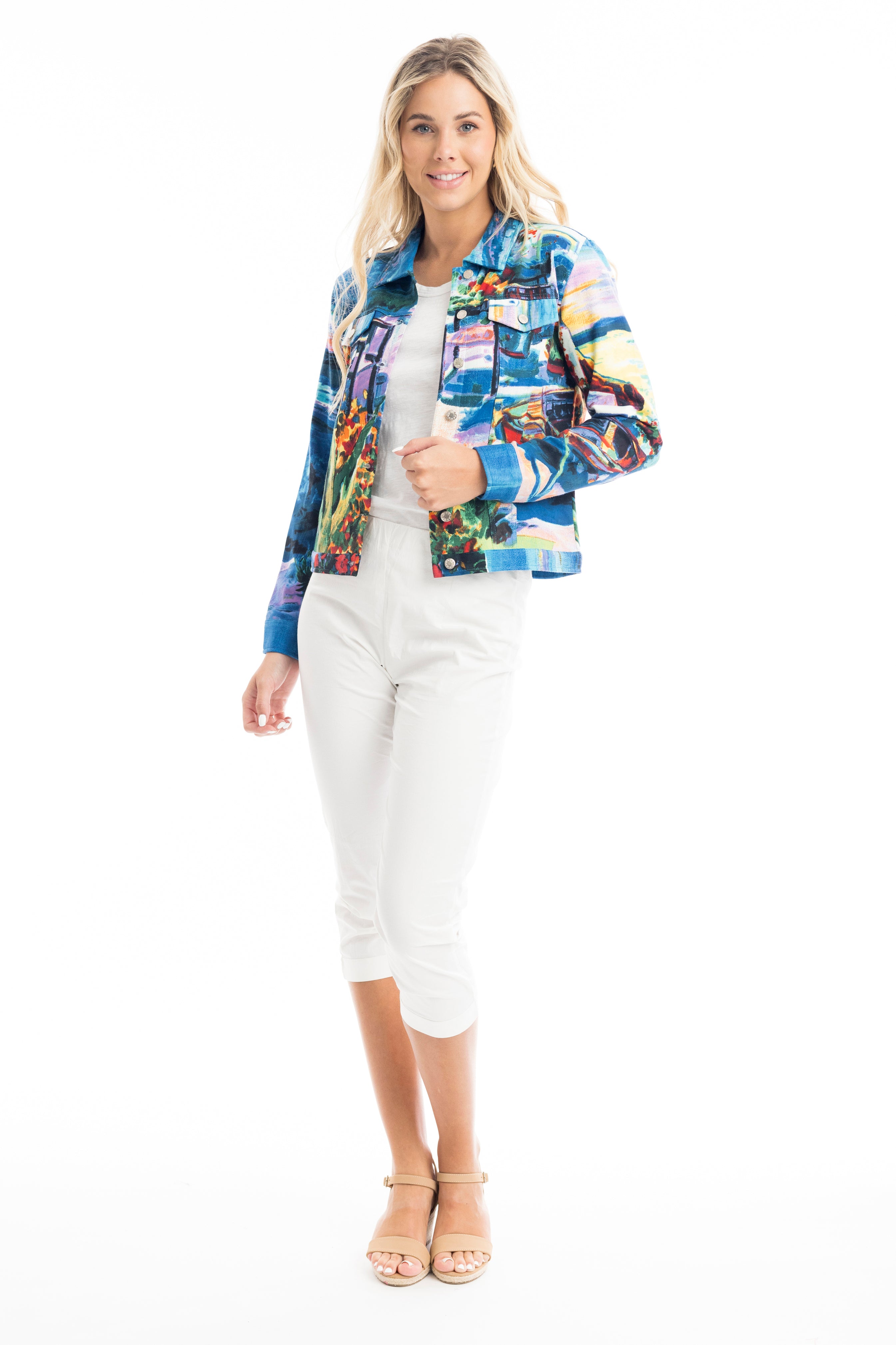A model wearing the Santorini Ponte Jacket in colour Santorini (Blue), from the front, showing the whole outfit