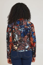 Model Ziara wearing size 10 of the Organic Cotton Biker Jacket in colour Abstract, from the back