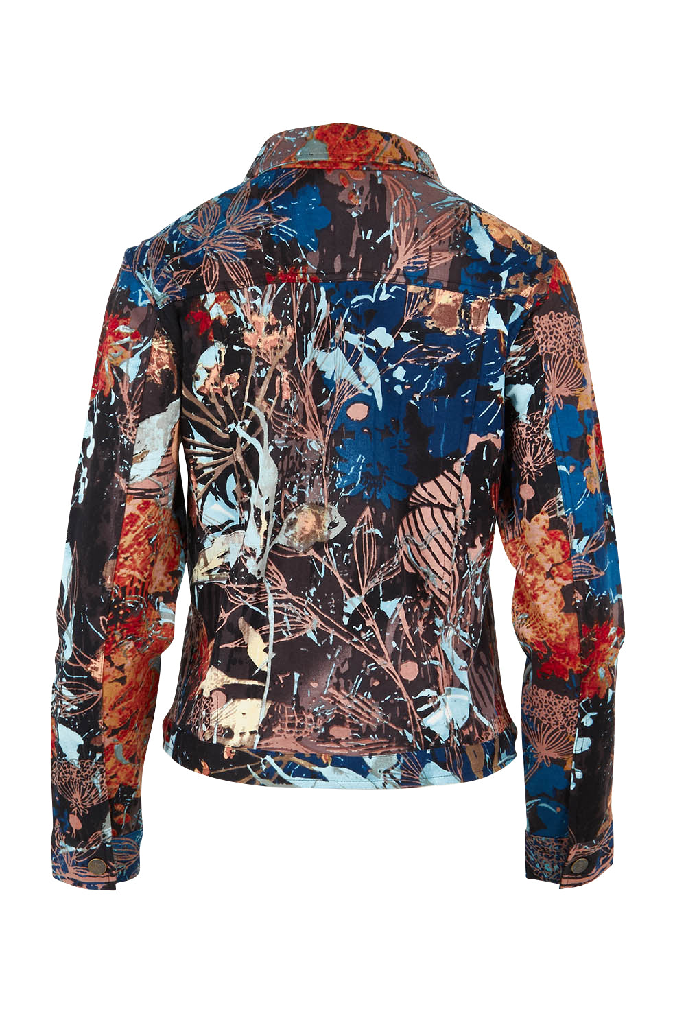 Product shot of the Organic Cotton Biker Jacket in colour Abstract, from the back