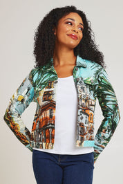 Model Ziara wearing size 10 of the Biker Jacket in colour Alicante (Green), from the front, cropped image