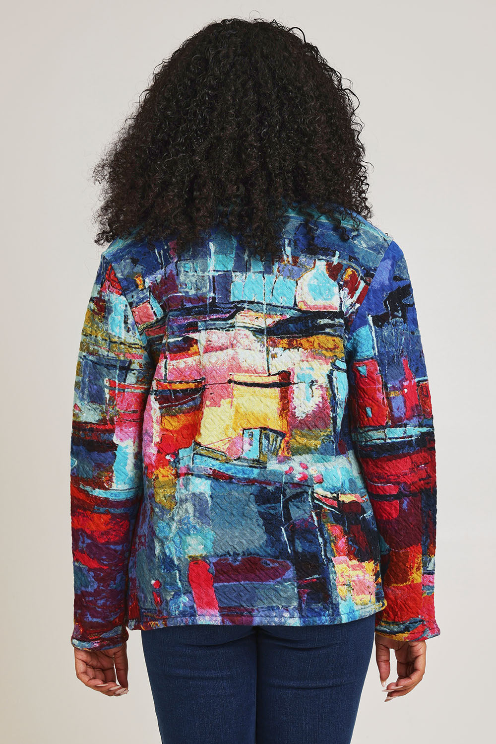 Model Ziara wearing size 10 of the Night Boats Cotton Reversible Zip Jacket in colour Nightboats, from the back